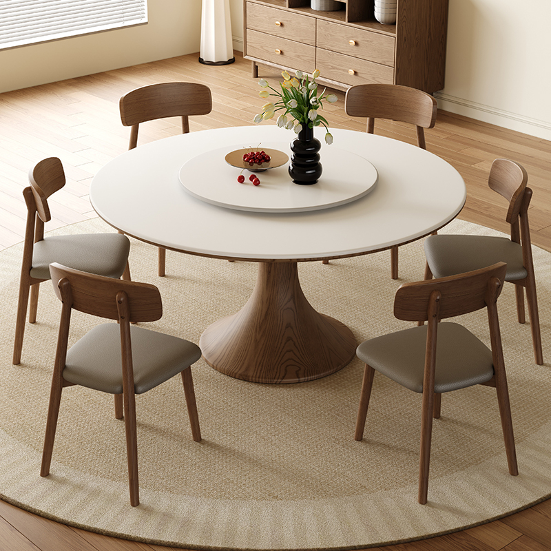Medieval Style Ash Slate Round Dining Table Small Apartment Retro Simple Home Small Waist Belt Turntable Solid Wood Round Table
