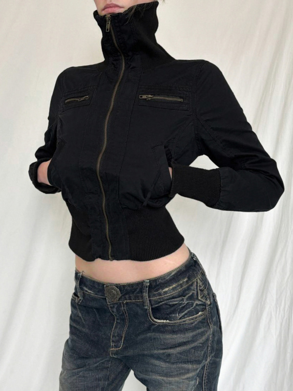 美式收腰显瘦拉链开衫梭织高领纯色外套女简约工装风辣妹外套上衣|undefined