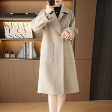 毛呢外套女加长款羊毛双面尼大衣外套皮扣风衣双面纯羊毛上衣女装