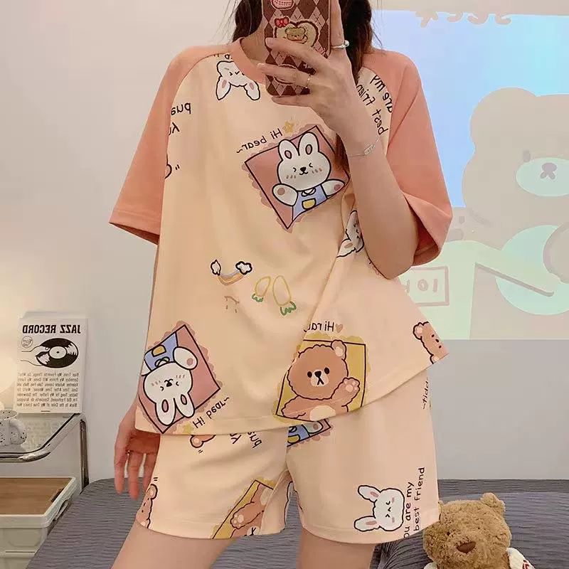 睡衣女夏款短袖短裤可爱卡通薄款宽松大码夏季少女夏天家居服套装