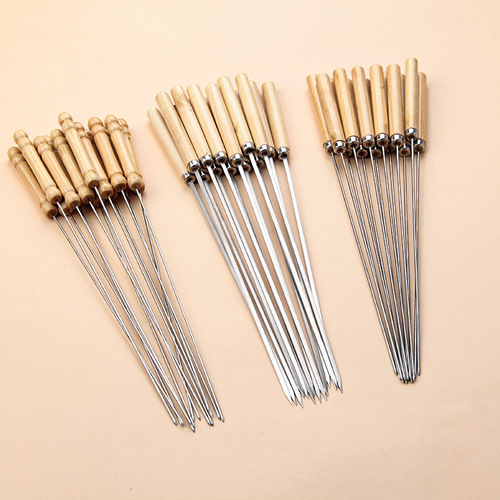 Manufacturer wholesale wooden barbecue skewers with handle stainless steel barbecue needle barbecue fork wooden handle non-magnetic round skewer flat skewer