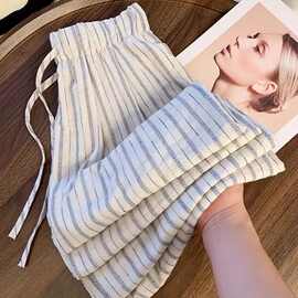 条纹阔腿裤女2025新款夏季亚麻裤子今年流行梧桐裤小个子直筒长裤