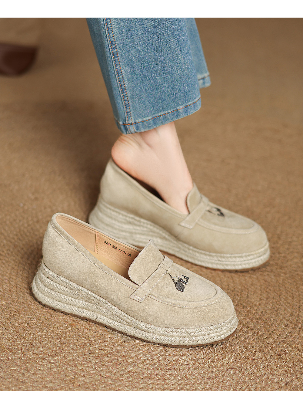Giày lười nữ đế dệt cỏ mũi vuông phong cách vintage đế dày — màu nâu chi tiết 10