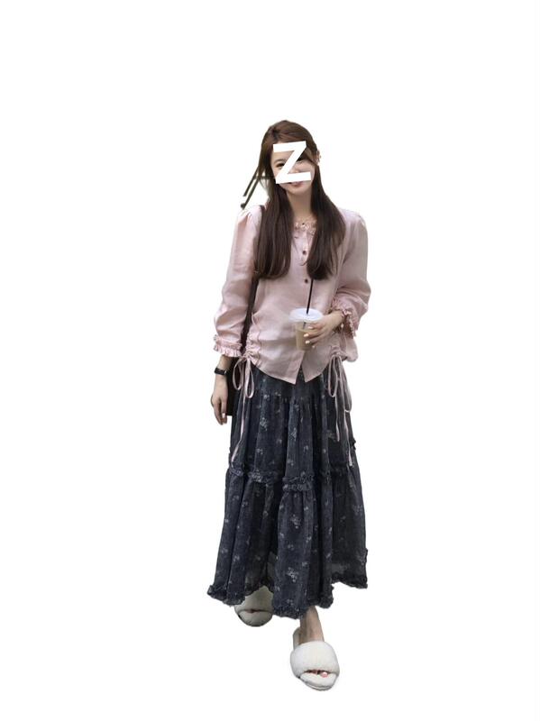 2025秋日巨好看的两件套女装甜美粉色边长袖衬衫垂感碎花半身裙子|undefined