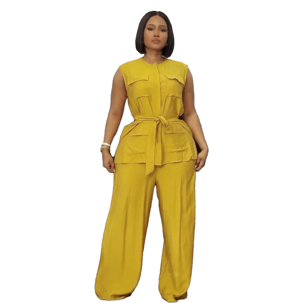 Elegant Sleeveless Vest & Wide-Leg Pants Set – Breathable Polyester Two-Piece Outfit (White/Pink/Yellow/Orange, S-3XL)​_ecoleips.com