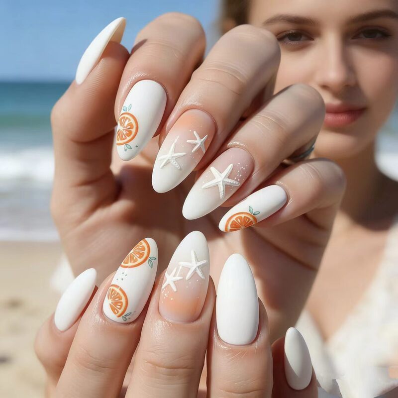 24 Pieces of 3D Ocean-Themed Wearable Nails for Spring and Summer Beach Nails, Cross-Border Foreign Trade Model