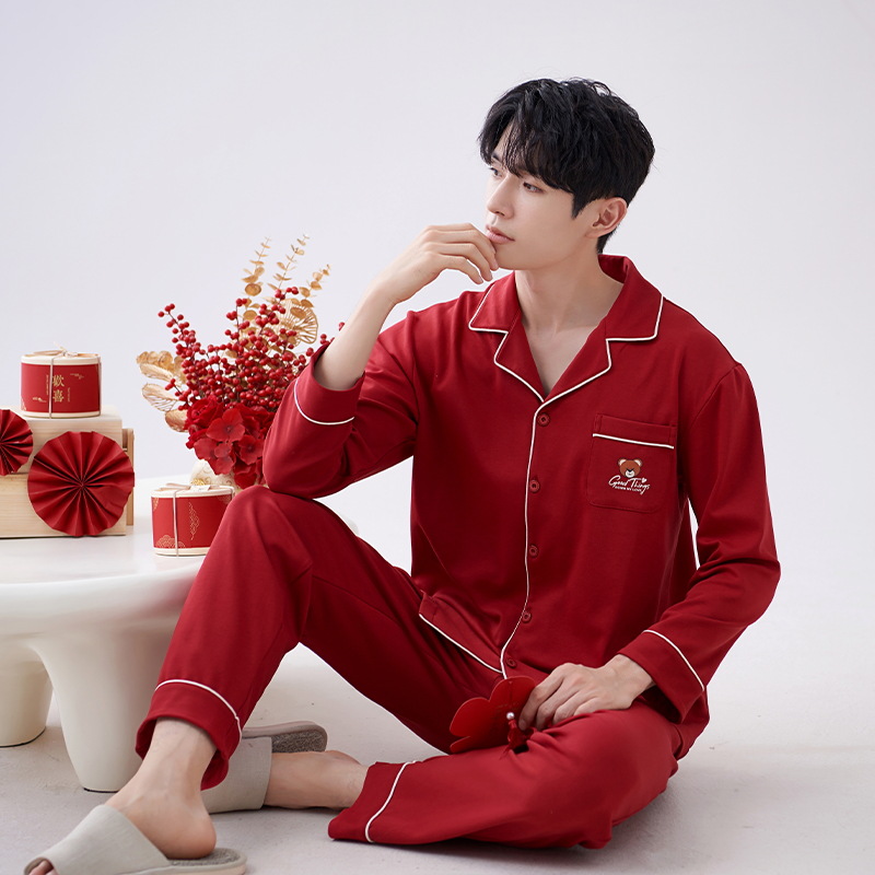 Pijamas primavera y otoño de los hombres de la boda festiva de algodón de manga larga ropa para el hogar año de nacimiento de los hombres rojos grandes más traje de tamaño