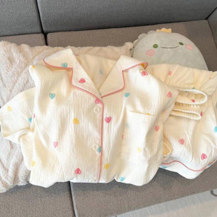 Pajamas Women's Summer Woven Cloud Cotton Wrinkled Cloth Ins Princess Style Cute Short-sleeved Summer Thin Home Clothes suit