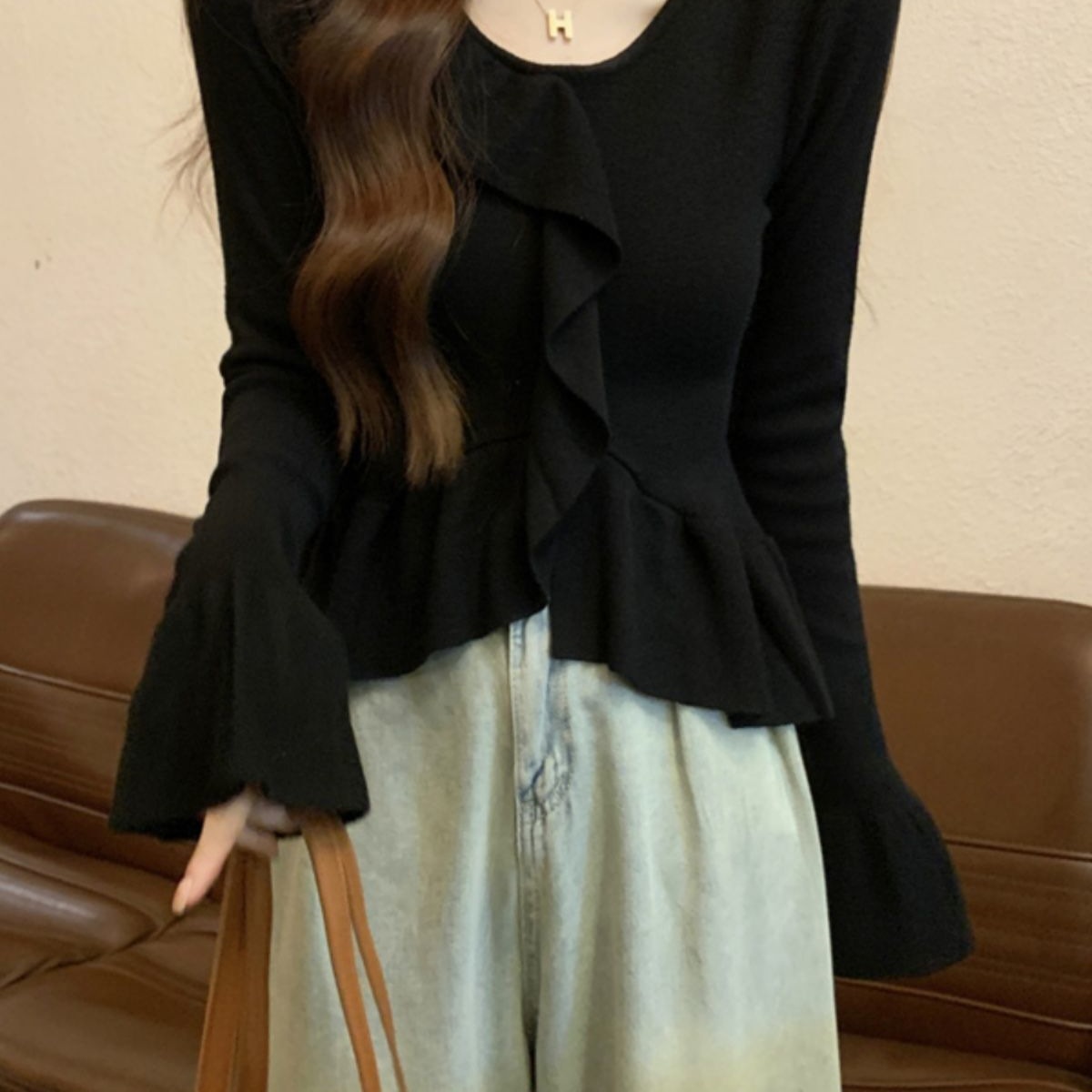 秋冬小个子荷叶边喇叭袖针织衫修身短款长袖毛衣女内搭打底衫上衣