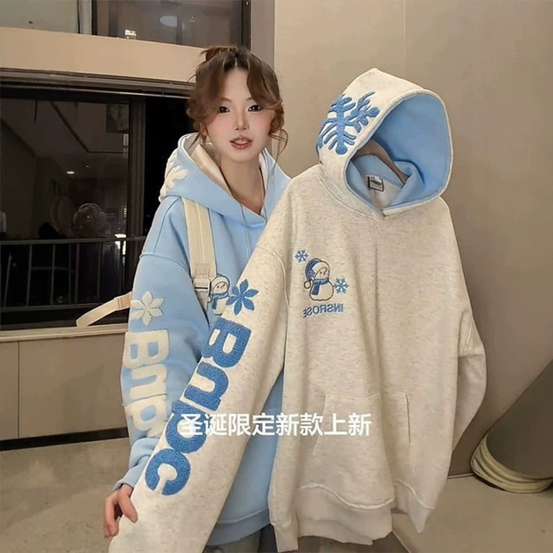 American-style high-street letter-embroidered snowflake hoodie for women, 2026 autumn/winter new collection, fleece-lined and thickened, loose-fitting top