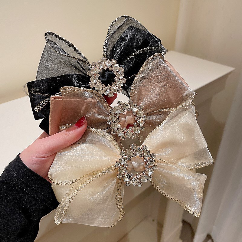 Diamond-Encrusted Bow Spring Clip Korean Style Sweet Hair Accessory Organza Hairpin Fashionable Back-Of-Head Updo Hairpin Headwear Diamond-Encrusted Bow Spring Clip Korean Style Sweet Hair Accessory Organza Hairpin Fashionable Back-Of-Head Updo Hairpin Headwear