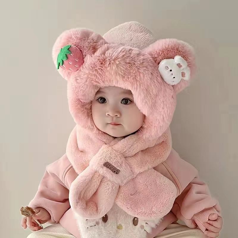 children‘s hat scarf integrated autumn and winter plush cartoon two piece set super cute boys and girls warm thickened ears protection hat