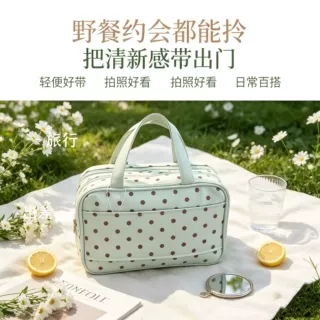 波点便携手提化妆包女超大容量三层收纳防水旅行洗漱包可爱高颜值
