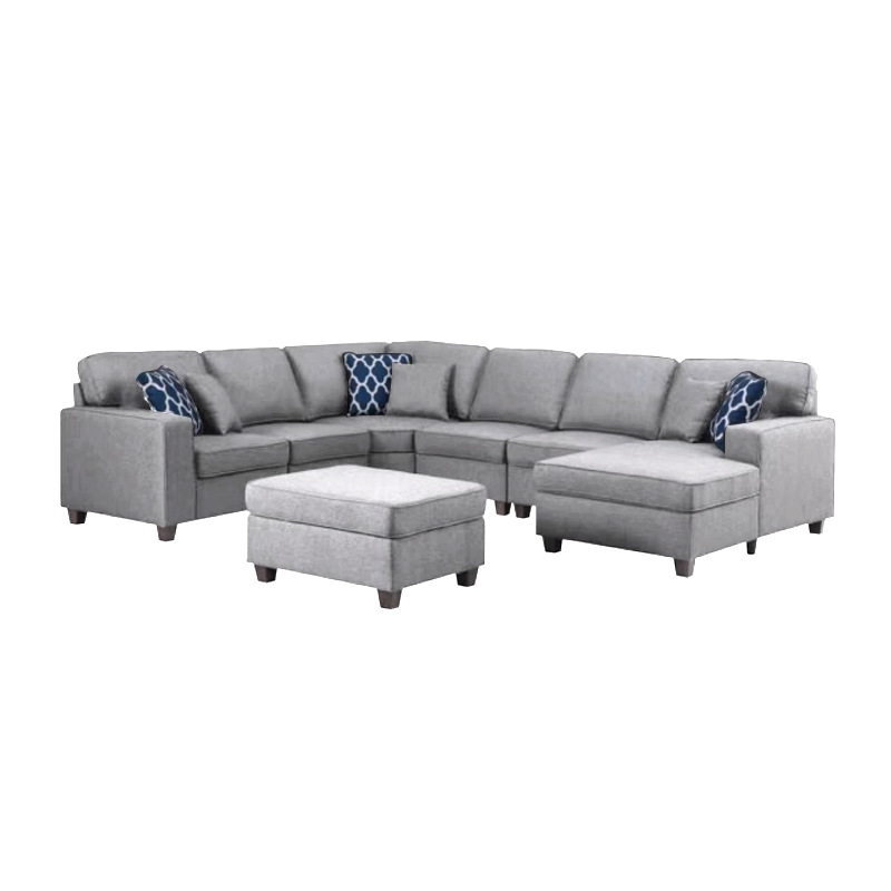 Venta al por mayor de lino moderno desmontaje y montaje de sofá esquina en forma de U 7 plazas sala de estar juego de sofá de tela seccional