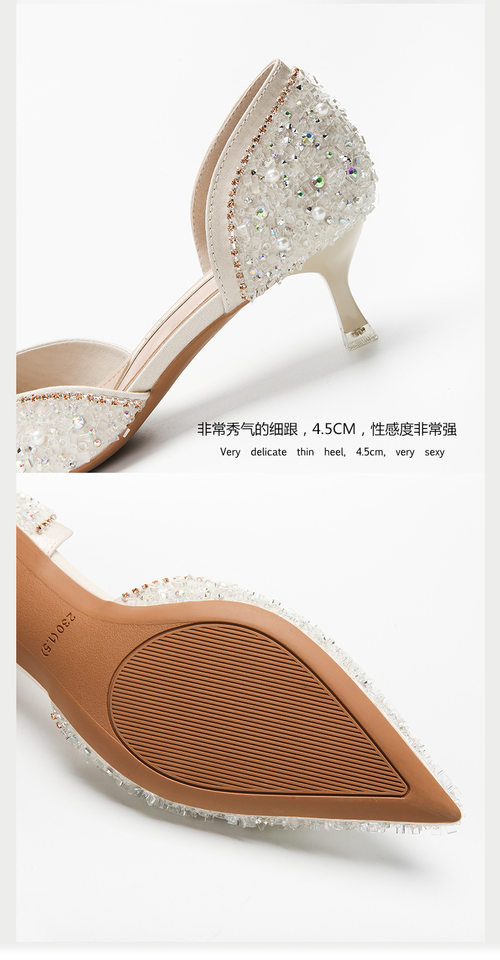 Giày cao gót nữ mũi nhọn đính đá pha lê, gót vừa 3–6 cm, miệng nông khoét lỗ — Màu hồng, Màu mơ chi tiết 13