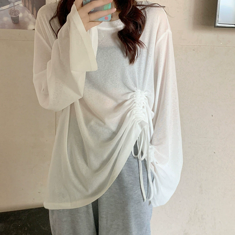Летний пуловер из ледяного шелка с дышащей солнцезащитной одеждой с длинными рукавами, плиссированная свободная студенческая футболка на шнурке в корейском стиле, топ для женщин