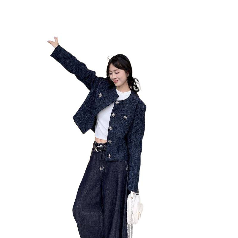 藏蓝色短款小香风外套女2025秋冬季单排复古新款高级宽松长袖上衣|undefined