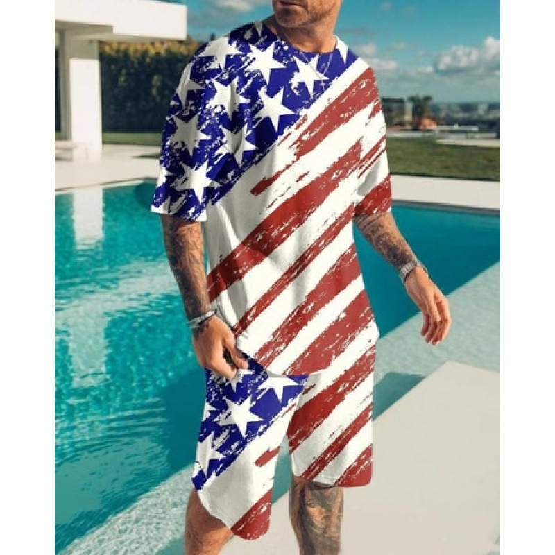 2023 verano transfronterizo camiseta 3D europea y americana manga corta pantalones cortos de dos piezas deportivos casuales para hombres