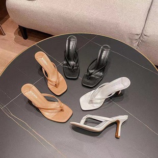 Black Thong Sandals, Women's Flip-Flops, High Heels, Stiletto Heels, Fashionable and Versatile Slippers, Square Toe Sandals for Summer