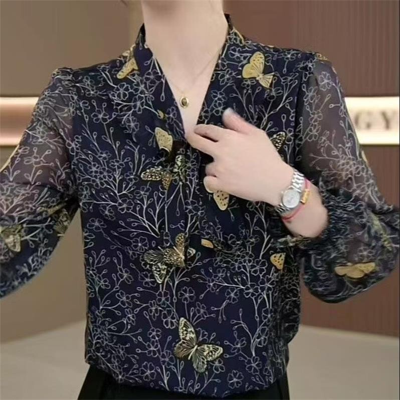 Mom's Summer Printed Lace Chiffon Shirt 2026 New Style Middle-Aged and Elderly Women's Spring and Summer Fashion Loose Slimming Top