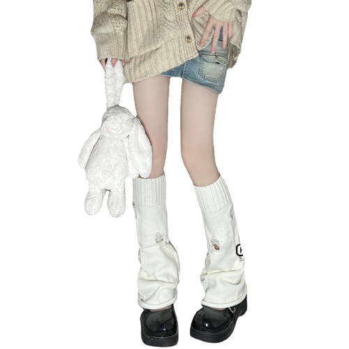 Ins white hole knit legging autumn winter student stylish JK versatile mid-calf stack sock set for women y2k