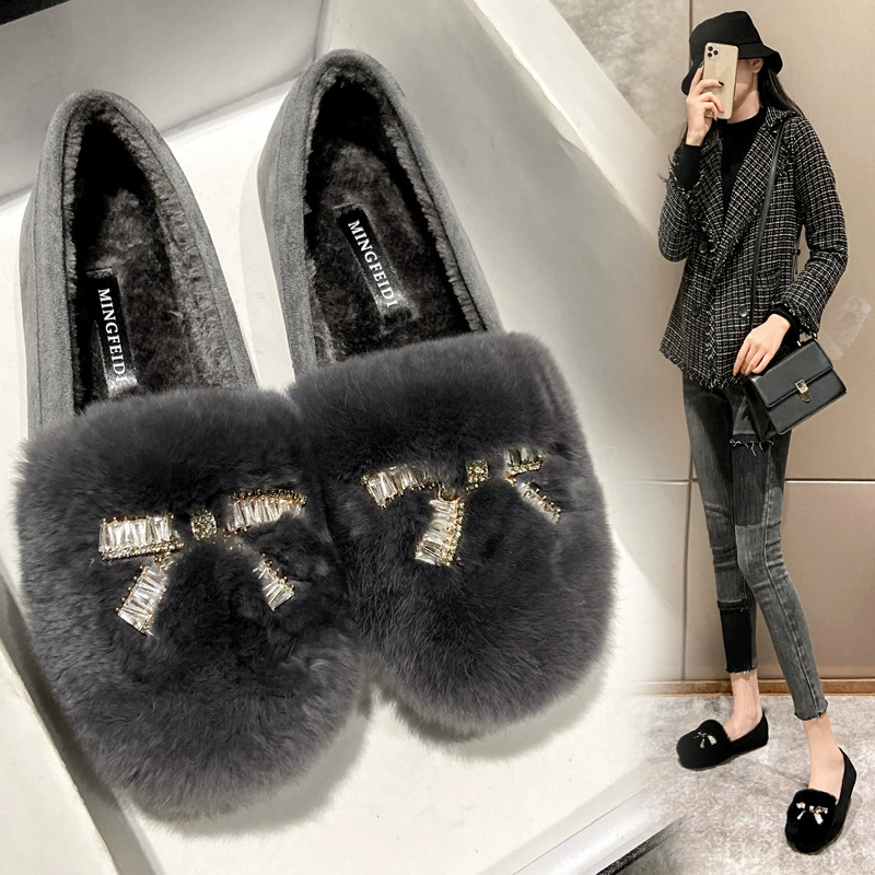 Обувь Mao, женская зимняя одежда, плоская подошва, 2023, новая обувь со стразами и пряжкой, фасоль, на флисовой подкладке, сетчатая красная женская обувь больших размеров 41-43