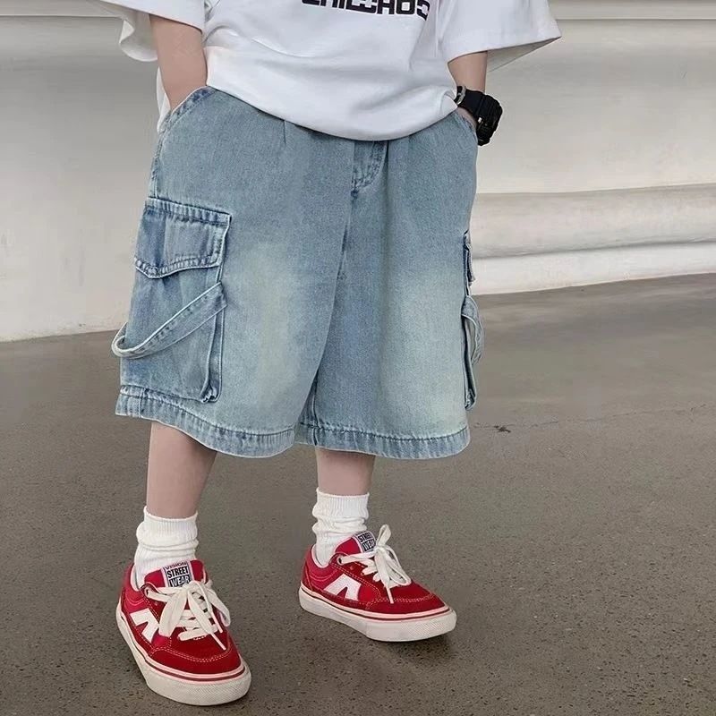 男の子パンツ夏男の子ハンサムデニムショートパンツ2025新しい子供のトレンディなワークウェアスタイル5点パンツ|undefined