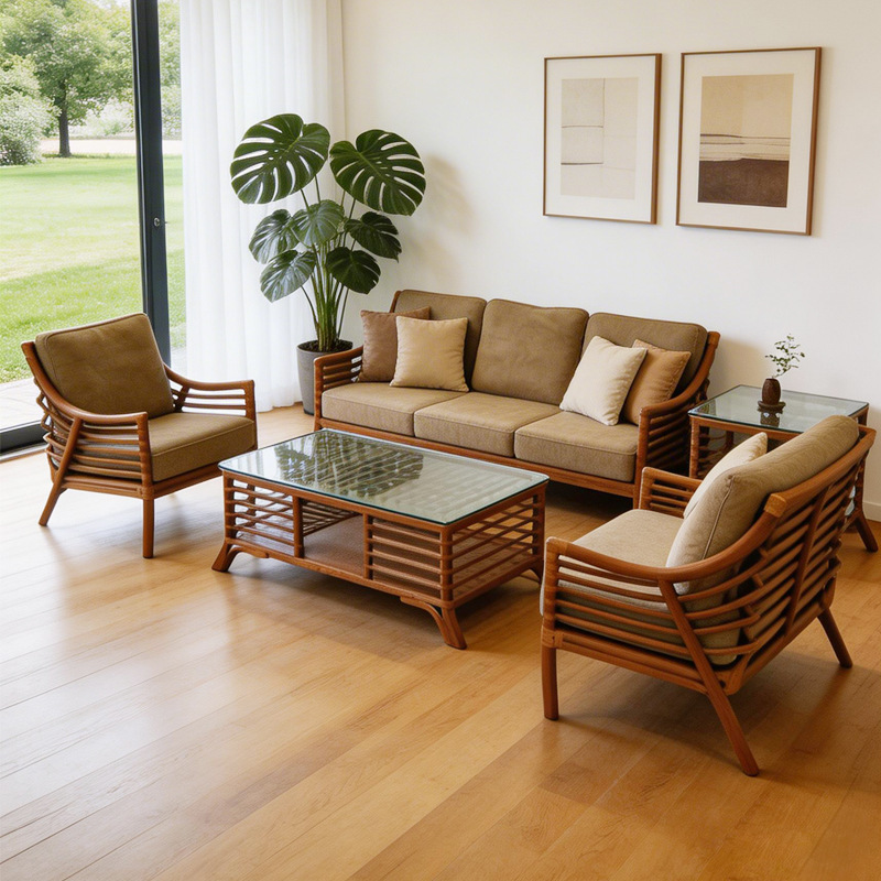 Wabi-sabi style rattan sofa and coffee table set for home living room, small apartment, homestay, indoor use, real rattan three-seater sofa