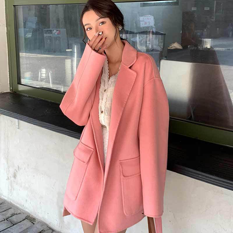 Handmade double-sided cashmere coat M autumn and winter Korean style lace-up elegant commuter solid color wool loose lapel coat