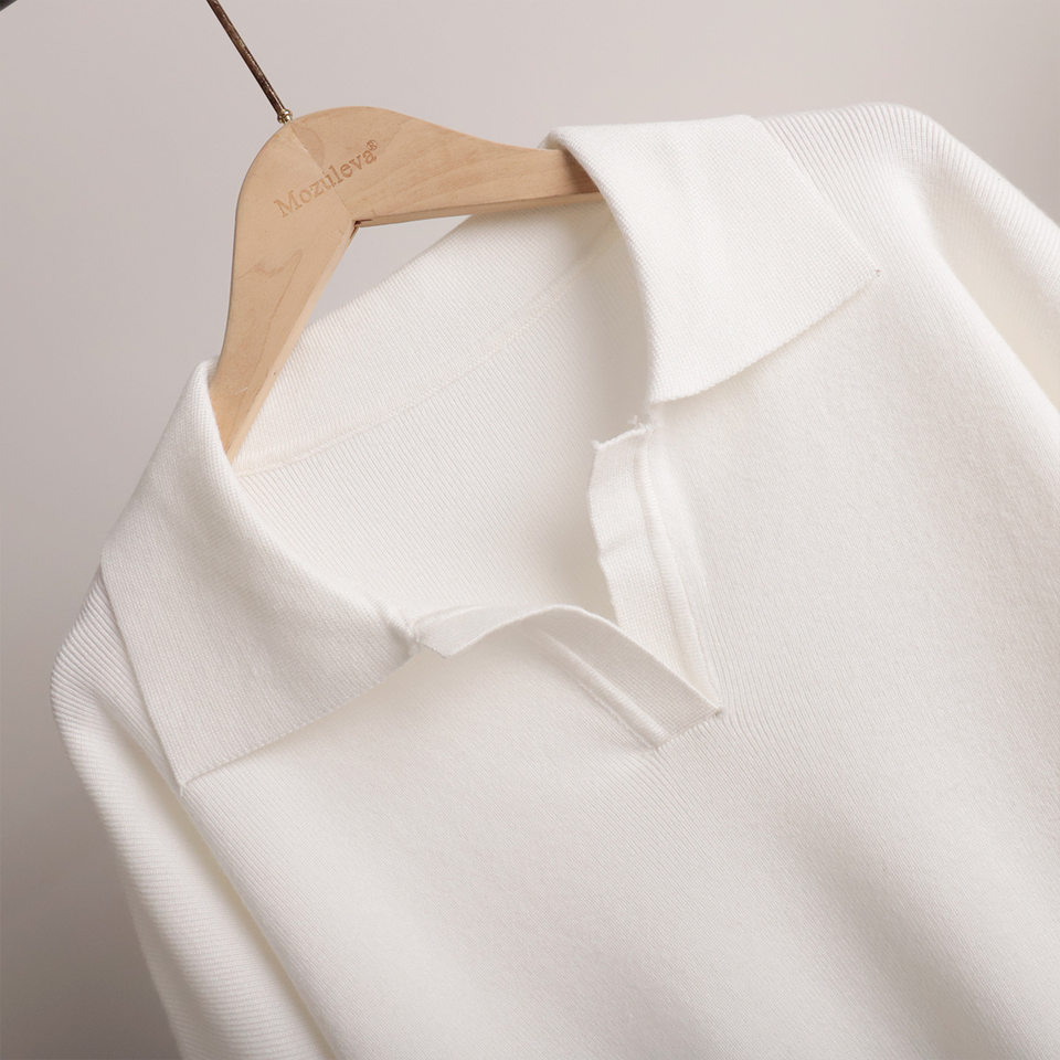 Bộ đôi áo len dệt kim cổ Polo tay dài và quần ống rộng — Màu kaki, Màu đen, Trắng be, Xanh lam Sương Khói chi tiết 15