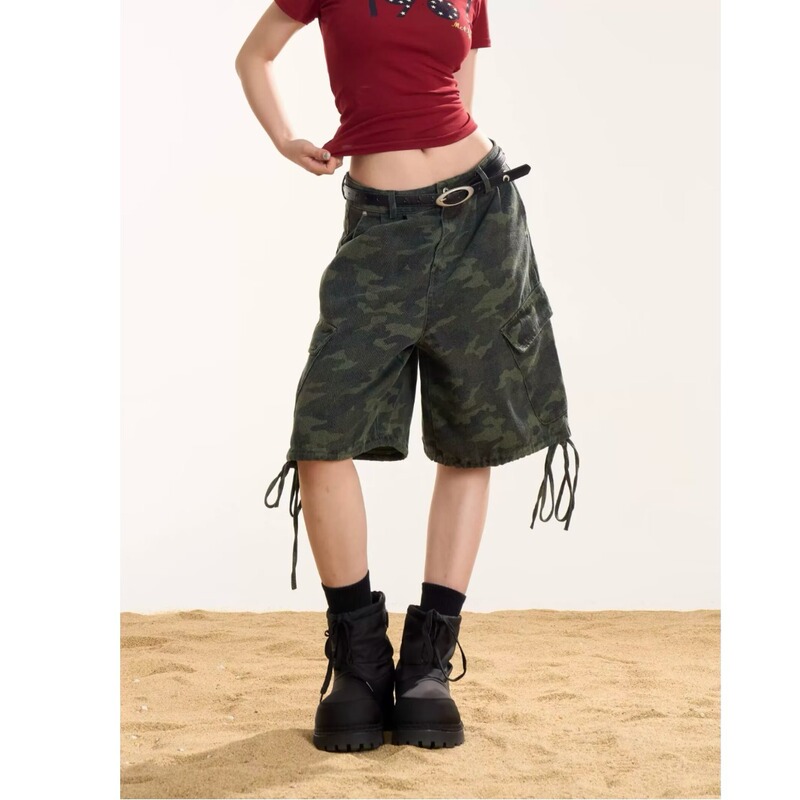 Vintage Camouflage Letter Print Pocket Drawstring Cargo Jeans for Women 2025 Summer New Loose Wide-Leg Shorts Vintage Camouflage Letter Print Pocket Drawstring Cargo Jeans for Women 2025 Summer New Loose Wide-Leg Shorts