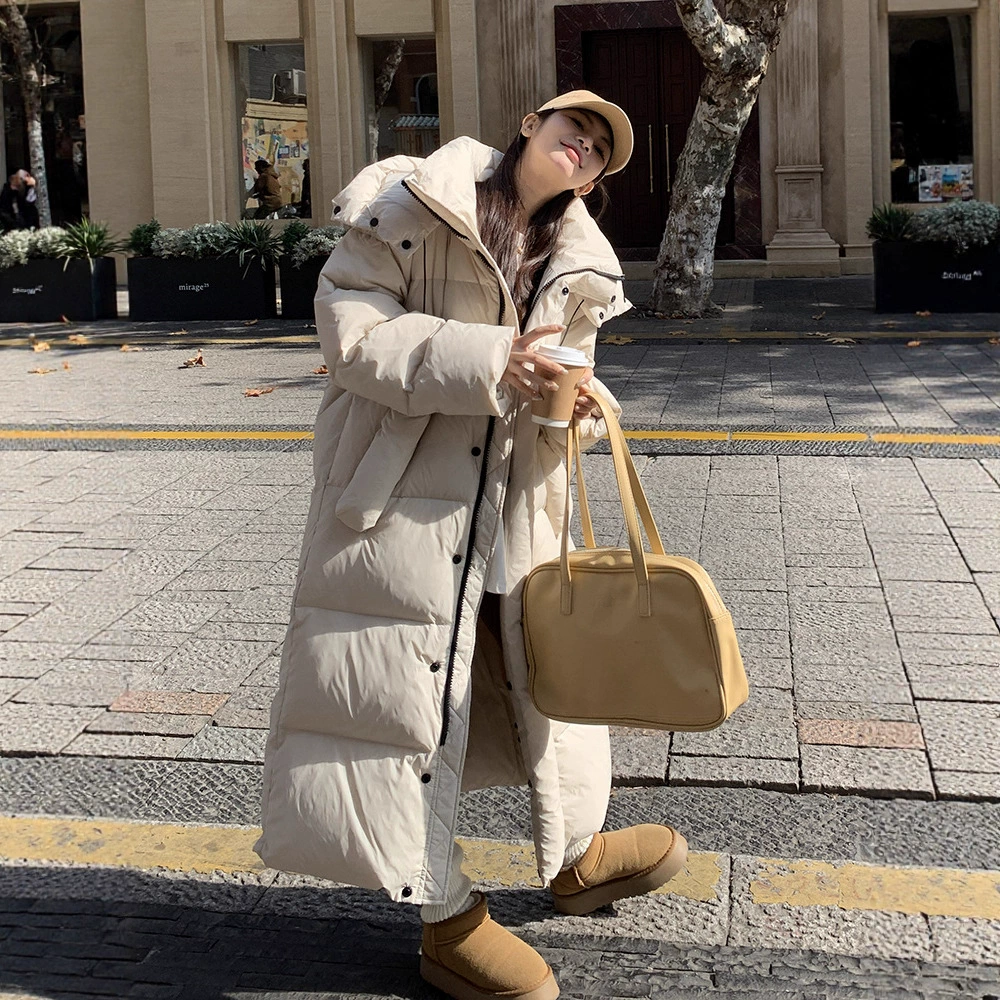 Супер длинный пуховик леди 2024 новый зимний стиль высокого класса жареная улица через колено до лодыжки одеяло толстая куртка