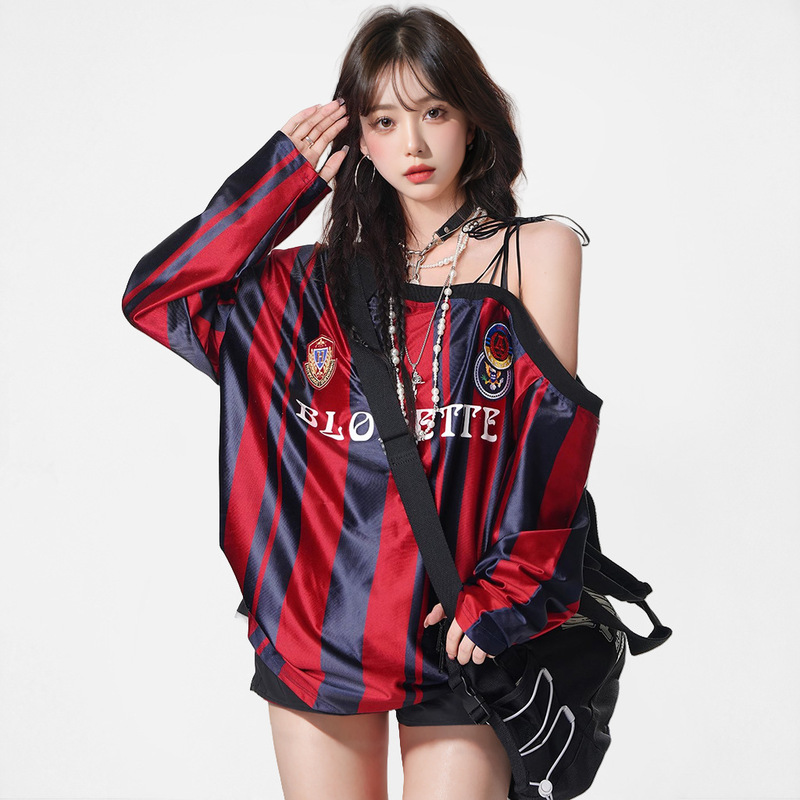 High Street Tie-Up Off-Shoulder American Milan Striped Sports Style Sweatshirt Men's T-Shirt Women's Asymmetrical Shoulder Trendy Top