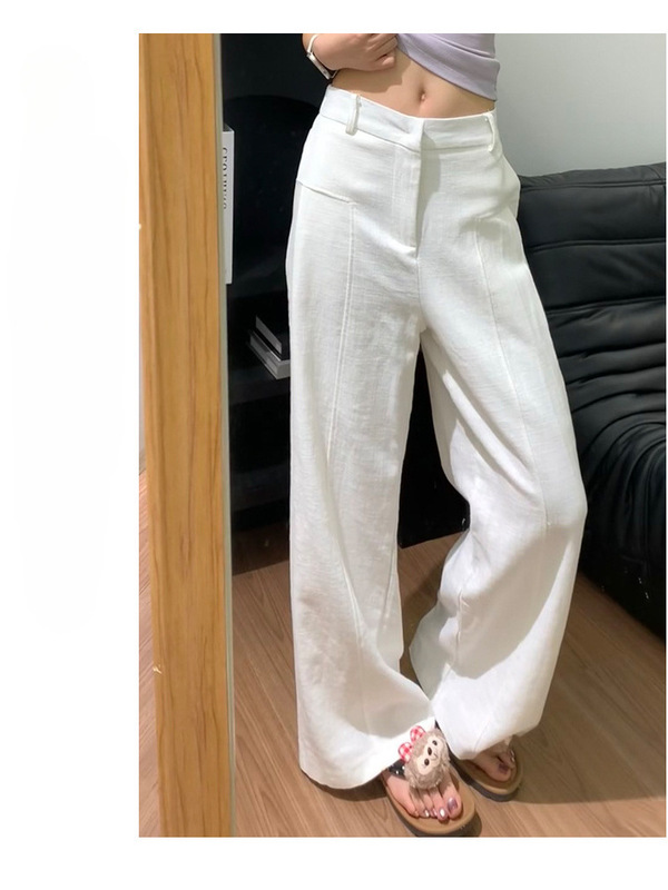 藏青色亚麻苎麻阔腿裤女秋季薄款高腰老钱风西装直筒棉麻休闲裤子|undefined