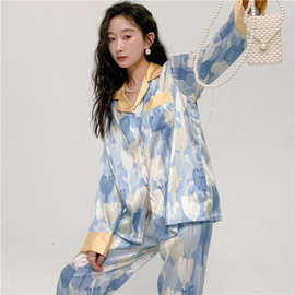 23新款春秋女士人字纹冰丝睡衣长袖长裤开衫时尚家居服印花郁金香