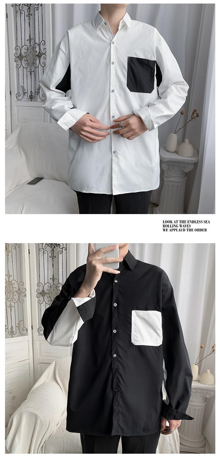 Men's Black And White Patchwork Long Sleeve Casual Shirt Trendy_voghion.com