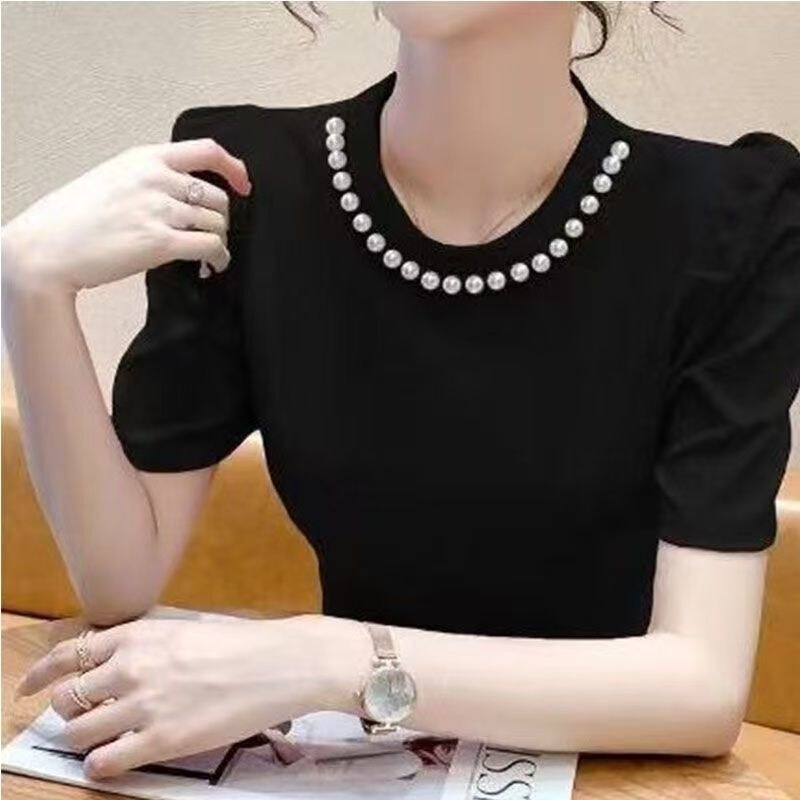 Pearl Collar, Machine-Stitched, Slim-Fit, Black, Slimming, Tencel Fabric, Wrinkle-Resistant, Cool, Short-Sleeve Shirt, Puff Sleeve Top, Slim Fit Pearl Collar, Machine-Stitched, Slim-Fit, Black, Slimming, Tencel Fabric, Wrinkle-Resistant, Cool, Short-Sleeve Shirt, Puff Sleeve Top, Slim Fit
