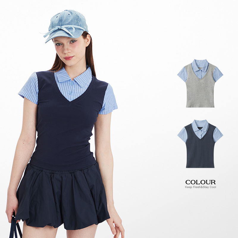 HeyHenry American Summer New Korean Style College Style Vertical Striped Patchwork Faux Two-Piece Short-Sleeved Hot Girl Top