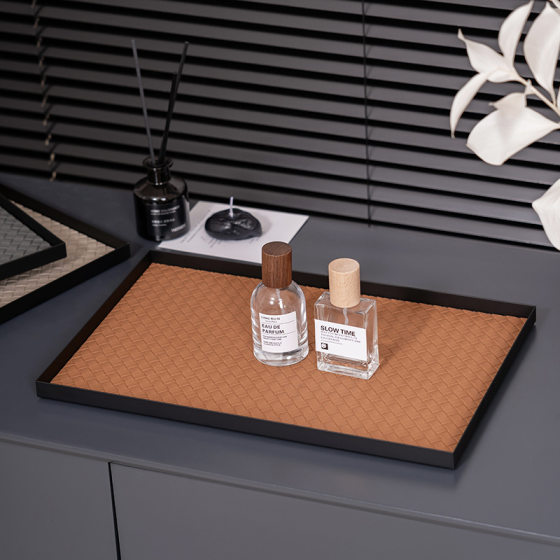New Style Light Luxury Style Square Woven Pattern Leather Tray High-end Household Hotel Decoration Multi-purpose Storage Storage Tray