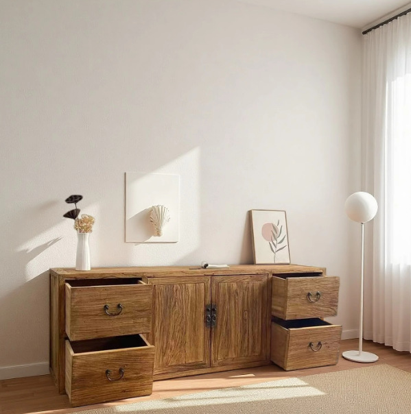 Old Elm Solid Wood Tv Cabinet Retro Furniture New Chinese Style Floor Cabinet Living Room Storage Integrated Cabinet Wood Color Home