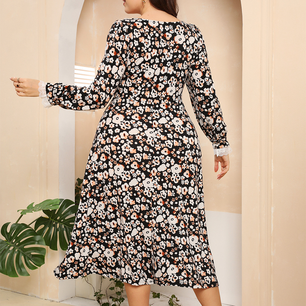 plus size floral long-sleeved V-neck slim dress NSWCJ119973