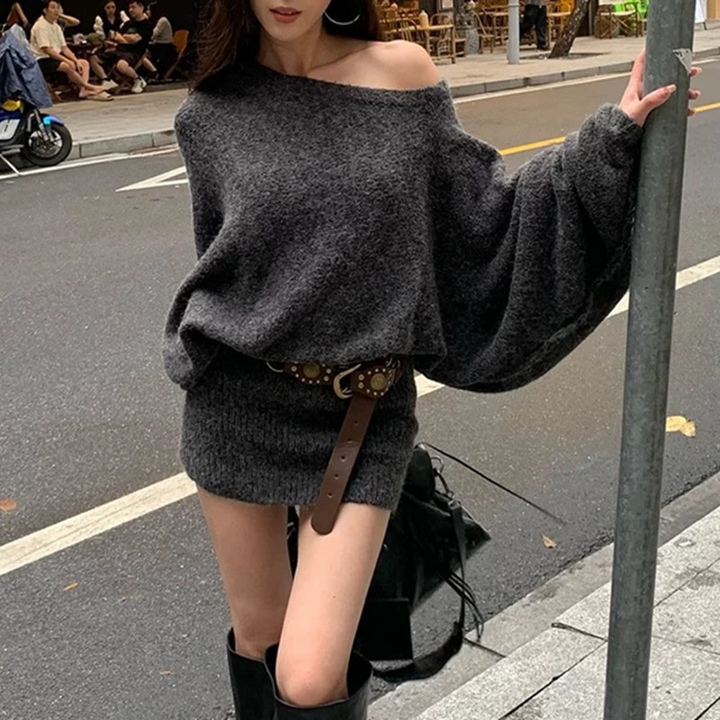 韩系斜肩蝙蝠袖毛衣连衣裙女2025秋冬新款配腰带气质辣妹包臀短裙|undefined
