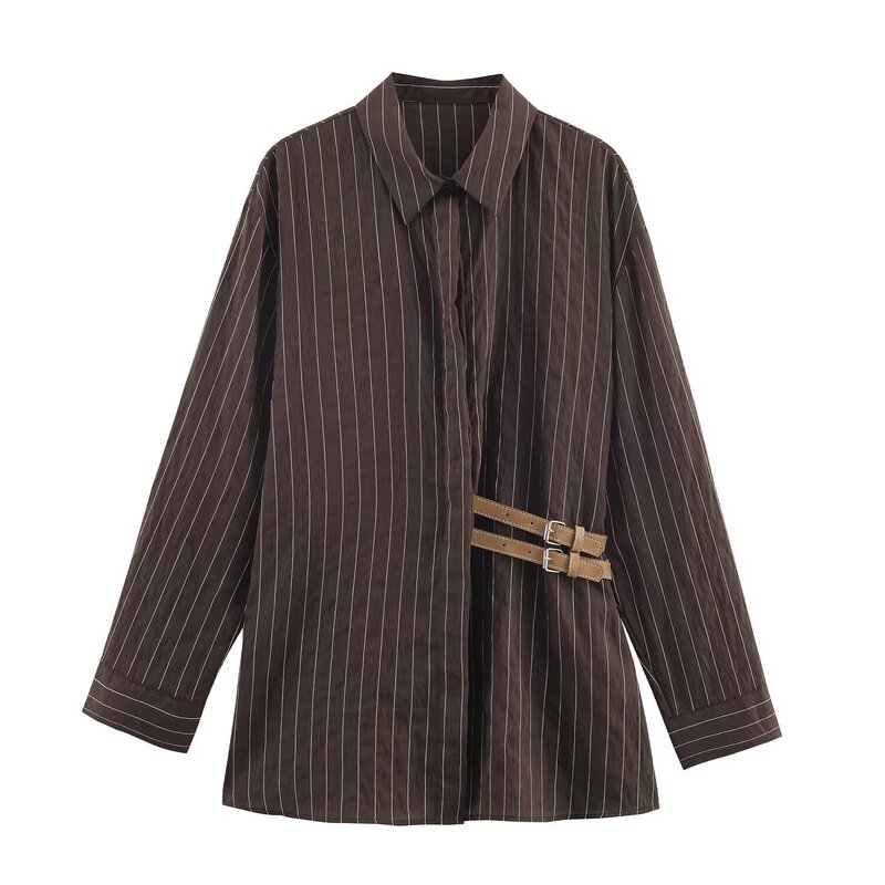 European and American Style Autumn New Women's Versatile Long-Sleeved Lapel Buckle Striped Shirt