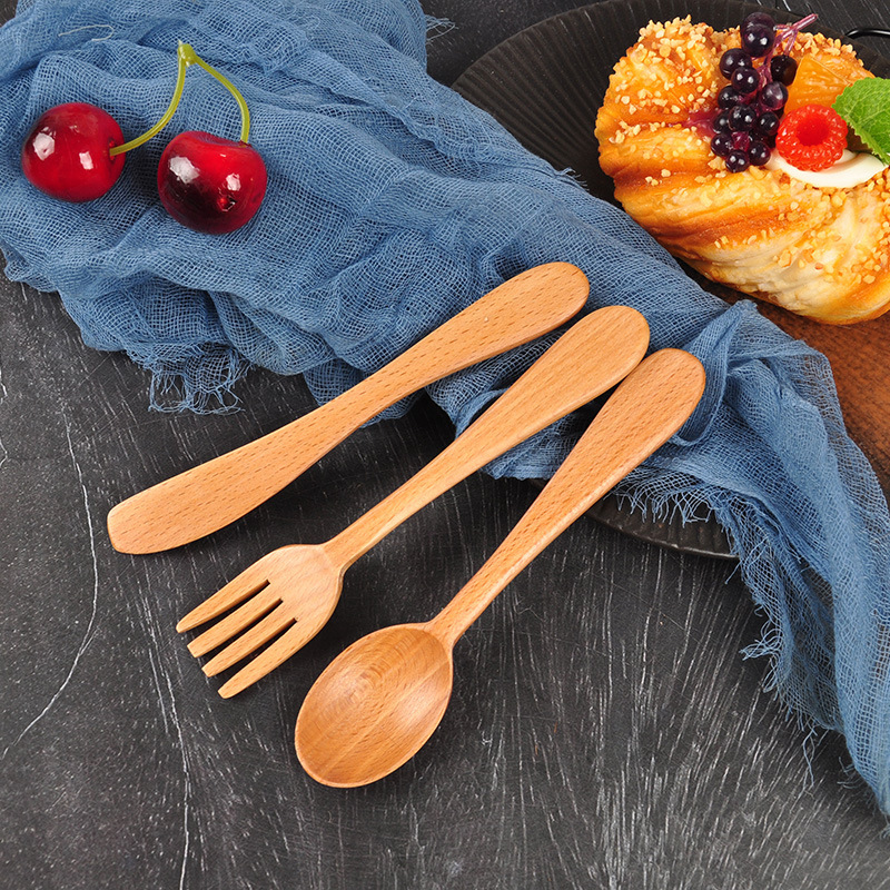 Children's Knife, Fork and Spoon Set Wooden Western Dessert Knife, Fork and Spoon Three-piece Set Student Children's Portable Tableware Set