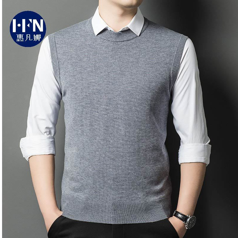 Men's Autumn and Winter Solid Color Round Neck Knitted Wool Vest Men's Sleeveless Top Knitted Vest Fashion Sweater for Hair