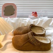 包头拖日系百搭配裙子加绒勃肯鞋女2025冬季新款大头平底毛毛拖鞋