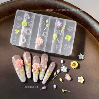美甲荷花向日葵立体浮雕硅胶模具滴胶易脱模指甲雕花装饰模具批发