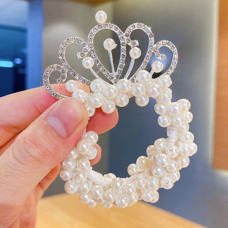 Tocado de la corona de la princesa de los niños cabeza de la bola de perlas banda de pelo cuerda de pelo niña lazo de goma banda tocado flor accesorios para el cabello