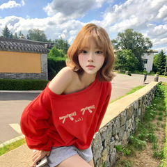 美式蝴蝶结斜肩长袖卫衣女秋冬季2025新款独特别致小众辣妹上衣女