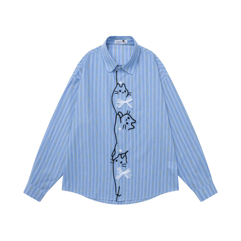American-style loose-fitting vertical striped long-sleeve shirt for men, trendy and fun with cartoon cat embroidery, loose-fitting spring and autumn shirt